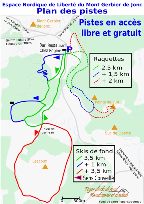 Plan des circuits raquettes de l'espace nordique de liberté du Mont Gerbier de Jonc